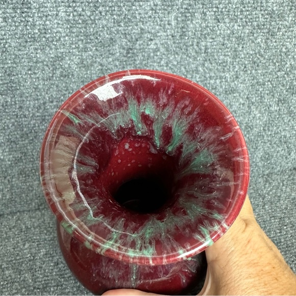 Vintage Hawaiian pottery vase drip glaze 8” red with aqua - Picture 2 of 6